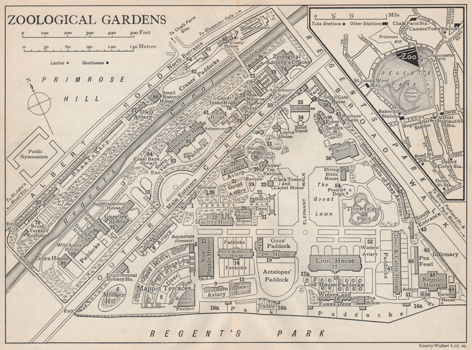 LONDON ZOOLOGICAL GARDENS. Vintage map plan. Regent's Park 1927 old